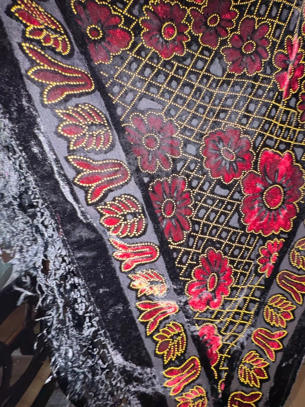 Vintage burnout velvet scarf/shawl in vibrant gold & red floral designs